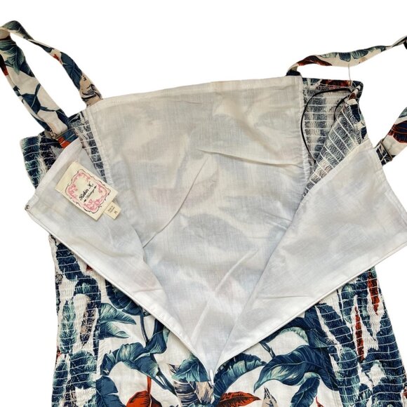 Robin K Sheath Mini Dress Medium White Blue Linen-Cotton Lined Wide Straps Leave - Picture 13 of 16